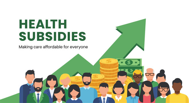Health subsidies concept with diverse people and a rising green arrow over stacks of money.