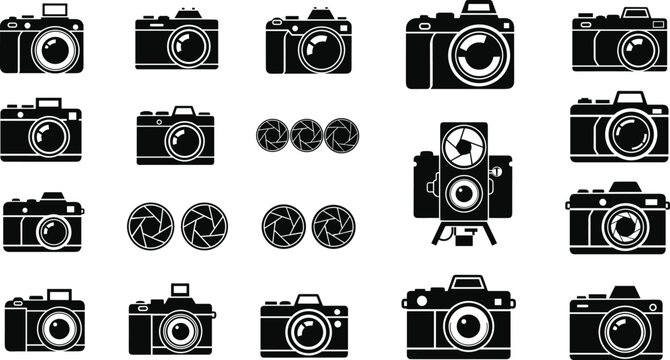 Camera icon silhouette illustration, photography equipment artwork, vintage modern design tribute, lens aperture graphic, technology evolution concept, photo device flat vector illustration
