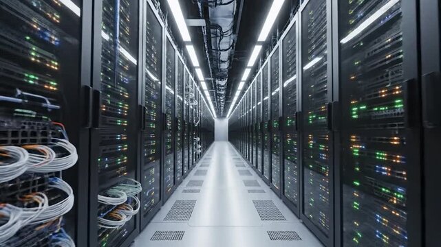 Modern server room with rows of illuminated racks and network cables