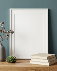 Vertical White Picture Frame Mockup with Modern Home Decor on Teal Wall