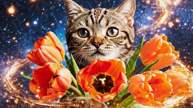 Cute tabby cat holds orange tulips in cosmic starry sky