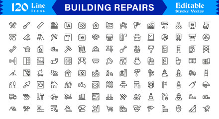 Building Repairs Professional Line Icon Set &ndash; Modern Minimal Outline Collection of Tools, Construction, Maintenance, Renovation, Equipment, Fixing, and Utility Symbols