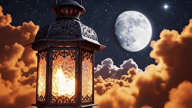 Mysterious glowing lantern illuminates the night sky filled with stars, moon, and dramatic clouds
