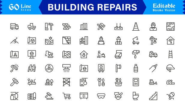 Building Repairs Professional Line Icon Set &ndash; Modern Minimal Outline Collection of Tools, Construction, Maintenance, Renovation, Equipment, Fixing, and Utility Symbols