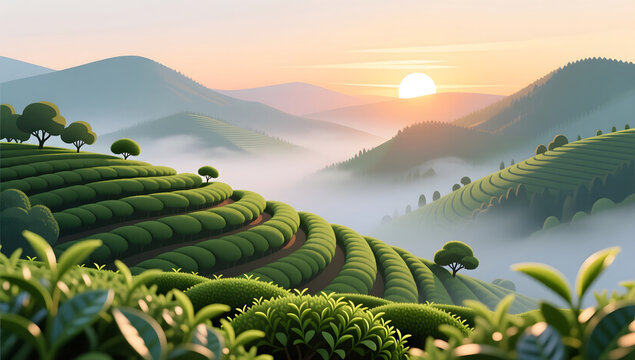 Tea trees extending along the ridge under the sunset glow