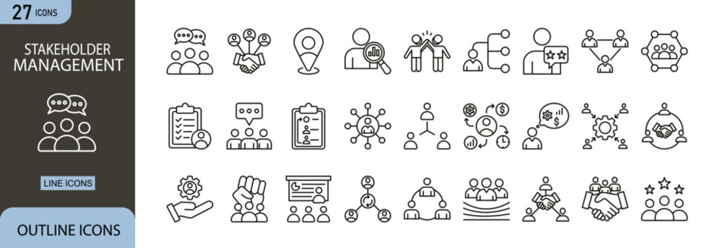 Stakeholder management icon set representing communication, engagement, collaboration, partnership, strategy planning, relationship management and corporate governance concepts in clean outline .