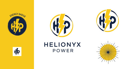 Dynamic Yellow HP Letter Mark with Lightning Bolt and Sun Icon for Energy and Power Solutions Logo on isolated white background