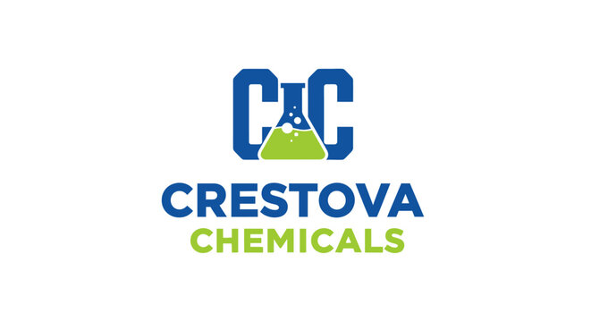 Blue CAC Letter Mark with Green Mountain and Flask Icon for Chemical and Science Research Logo on isolated white background