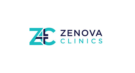 Clean Blue and Green Zenova Clinics Logo Design with ZC Monogram and Abstract Medical Cross Symbol on Isolated White Background