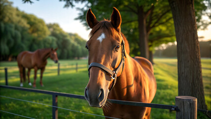 Close-Up Portrait of Brown Horse in Sunny Pasture at Golden Hour