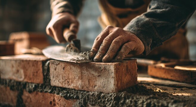 Close-up of hands laying brick, mortar on trowel, construction details, focused on task