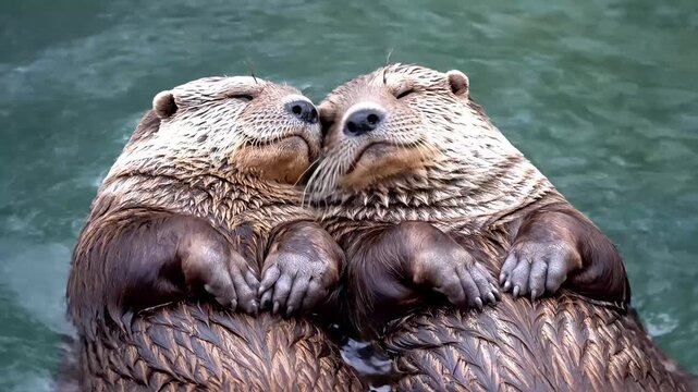Two sea otters float closely together on their backs in the water.
