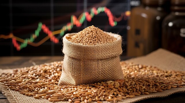 Sack of cereal grains displayed on wooden surface with blurry stock exchange line graph background depicting rising commodity prices global supply chain issues agricultural market