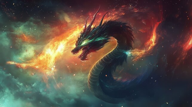 Mythical dragon soaring through fiery cosmic space