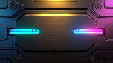 Futuristic metallic background with colorful neon lights and geometric patterns