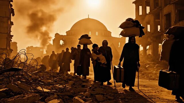 Displaced people carry belongings through destroyed city at sunset