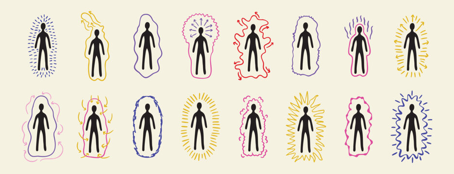 Set of human silhouettes with colorful auras in various line styles, esoteric mystical design, hand drawn