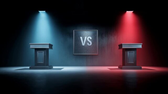 Debate Podiums Illuminated by Contrasting Lights in a Dramatic Setup for a Competitive Event