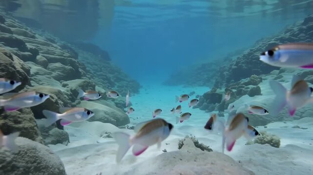School of lyretail anthias fish swimming in tropical turquoise ocean waters with rocky reef