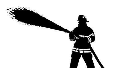 Naklejka premium Silhouette of Firefighter Spraying Water with Hose in Action.