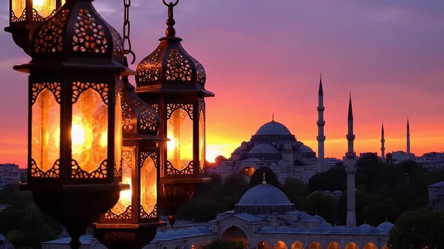 Beautiful Ramadan Lanterns Illuminate a Mosque Silhouette Against a Vibrant Sunset Sky in Istanbul