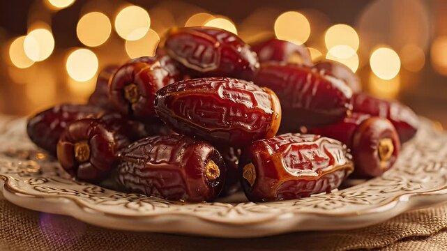 Pile of delicious, ripe, dark brown dates arranged on an ornate decorative plate, soft bokeh