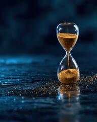 Glass hourglass with flowing golden sand on dark blue background, symbol of time, deadline, urgency and countdown concept with reflection. © Pui
