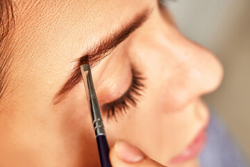 Woman applying cosmetic product to her eyebrow with a small brush for beauty treatment