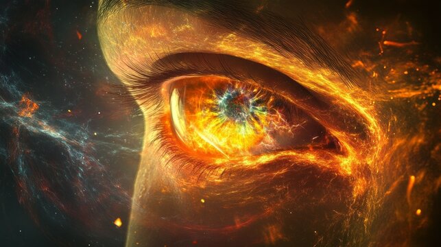Fiery cosmic eye with celestial flames and galactic vision