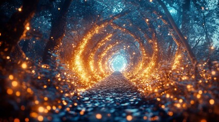 Enchanted forest pathway with glowing magical lights in mystical atmosphere