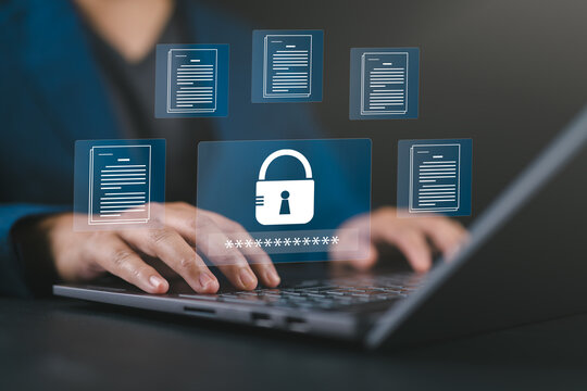 Confidential documents and employee compliance rules concept with law regulation, data privacy, cybersecurity protection, and secure software for personal data security.
