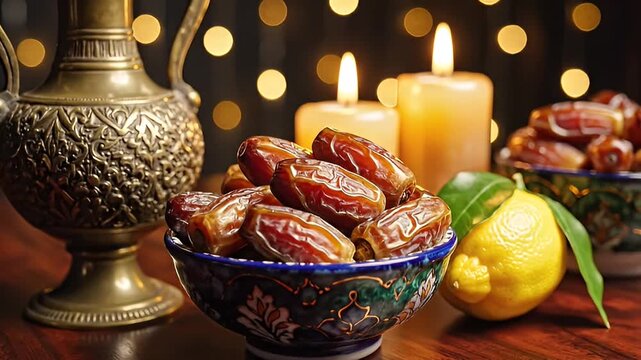 Festive Ramadan Iftar Table Setting with Dates, Lemon, Candles, and Decorative Urn in Warm, Golden