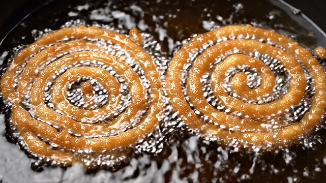 Close-up of two spiral-shaped Indian Jalebi desserts being deep-fried in hot oil, crisp and golden