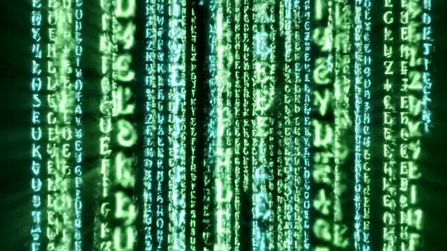 Matrix style binary code flowing down the screen in green.