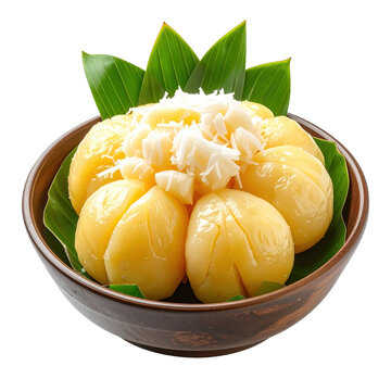 Thai dessert look choop in wooden bowl with banana leaves and shredded coconut isolated white background
