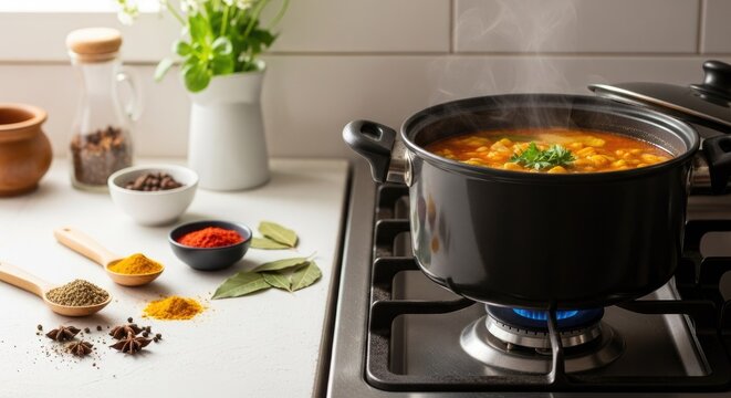 A large black pot filled with steaming hot harira moroccan soup simmers on a gas stove with a blue flame and a lid slightly ajar surrounded by various spices and herbs on a white countertop in a