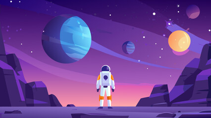 Astronaut gazing at colorful planets and a vast purple space © Bikas