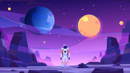 Astronaut stands on a desolate planet gazing at distant planets and stars © Bikas