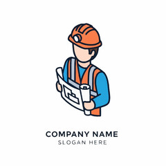 Fototapeta premium Construction Worker Logo Template with Hard Hat and Blueprint.