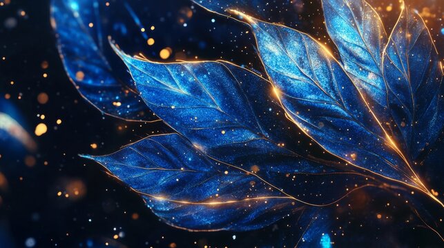 Vibrant blue leaves with golden highlights amidst sparkling night