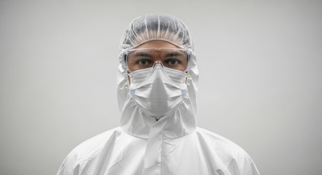 A person wearing a white protective suit and mask stands against a plain background.
