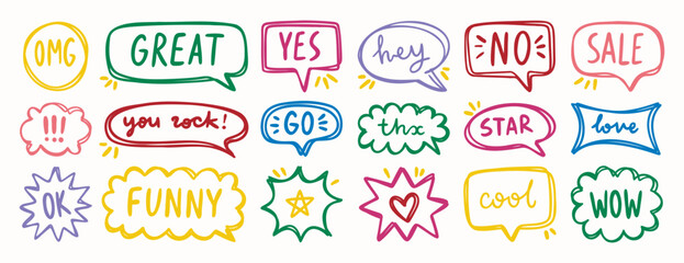 Bright hand drawn speech bubbles with short fun messages, decorative elements for design