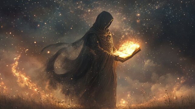 Mysterious hooded figure reading glowing book under starry night sky