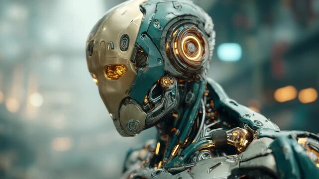 A detailed view showcases an advanced robot with metallic components in a lively industrial environment. Intricate mechanisms and luminous features highlight remarkable engineering.