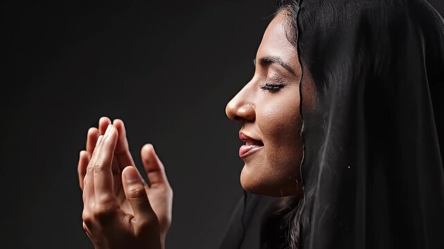 Portrait of a Muslim Woman in Hijab Praying with Hands Raised in Supplication, Eyes Closed