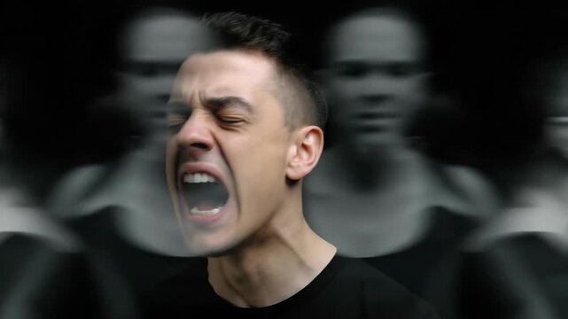 Man screaming, experiencing post-traumatic stress disorder, mental health struggle, veteran's anguish, flashbacks, psychological impact, emotional pain, trauma survivor