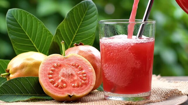 Pouring fresh pink guava juice into a glass with whole and halved guavas and green leaves on