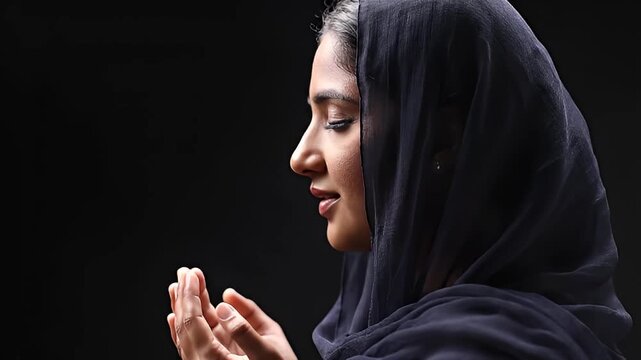 Profile of Young Muslim Woman in Hijab Praying with Hands Cupped in Devotion and Serenity, Dark