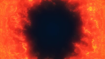 Fototapeta premium Fiery red lava-like clouds forming a molten glowing portal around a deep dark core