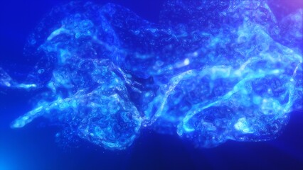Blue multi-colored energy glowing magic liquid made of waves and electric iridescent plasma of high-tech digital lines and particles in water